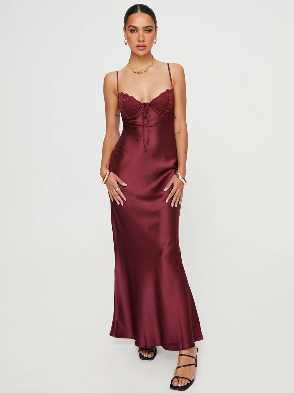 Princess Polly Burgundy Satin Lace-Trim Maxi Slip Dress